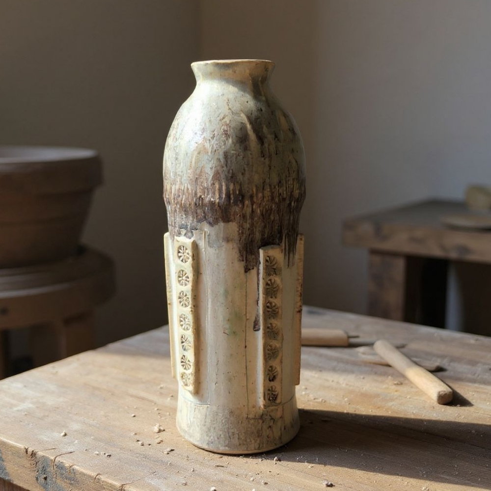 Hand Crafted Cream and Brown Ceramic Vase - Picture 2 of 16
